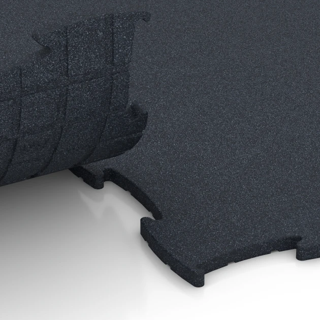 Le gros plan sur le système de connexion des revêtements de sol WARCO 6968 - Fitness Premium sol technique en couleur Anthracite. Les dimensions 99 x 99 x 1,8 cm.