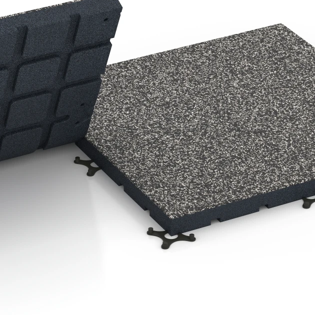 Le gros plan sur le système de connexion des revêtements de sol WARCO 7141 - Revêtement sportif extérieur en couleur Granit gris foncé. Les dimensions 60 x 60 x 4 cm | 0,36 m².
