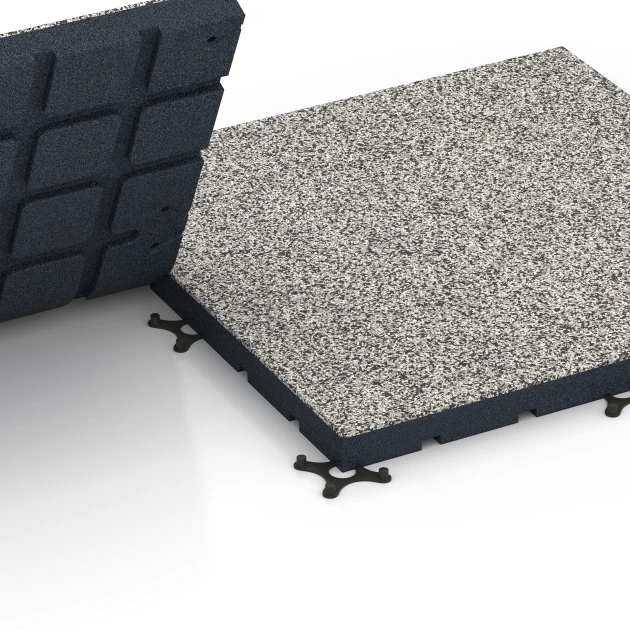 Le gros plan sur le système de connexion des revêtements de sol WARCO 7142 - Revêtement sportif extérieur en couleur Granit gris. Les dimensions 60 x 60 x 4 cm | 0,36 m².