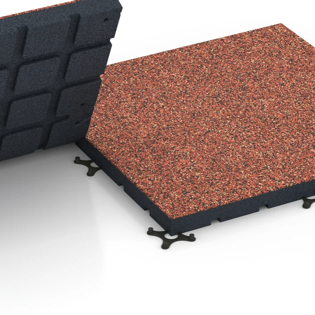 Le gros plan sur le système de connexion des revêtements de sol WARCO 7145 - Revêtement sportif extérieur en couleur Etna. Les dimensions 60 x 60 x 4 cm | 0,36 m².