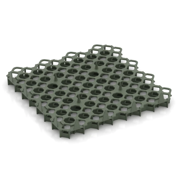 La vue du dessous ou de la face inférieure, c’est-à-dire la face inférieure de la pièce moulée WARCO 3634 - Dalle stabilisatrice en plastique au format 47,6 × 47,6 × 4 cm | 0,226 m².