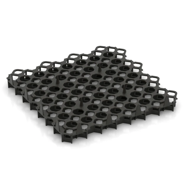 La vue du dessous ou de la face inférieure, c’est-à-dire la face inférieure de la pièce moulée WARCO 5207 - Dalle stabilisatrice en plastique au format 47,6 × 47,6 × 4 cm | 0,226 m².
