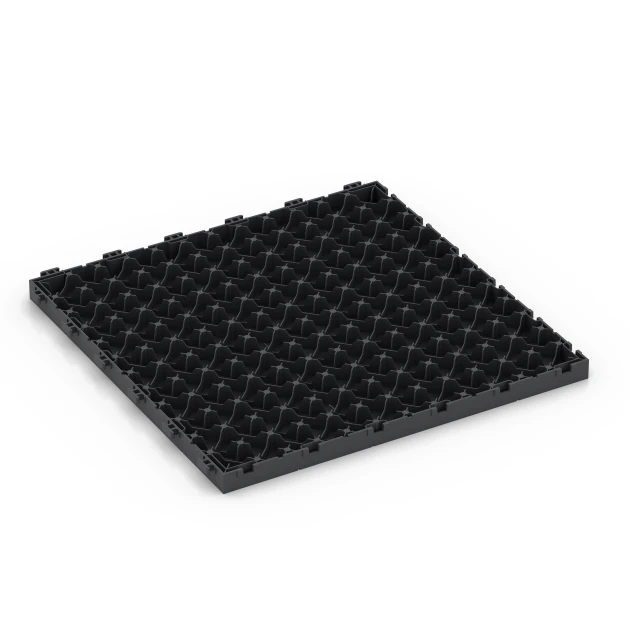 La vue du dessous ou de la face inférieure, c’est-à-dire la face inférieure de la pièce moulée WARCO 6329 - Motif bloc – Dalle clipsable au format 38,5 x 38,5 x 2 cm.