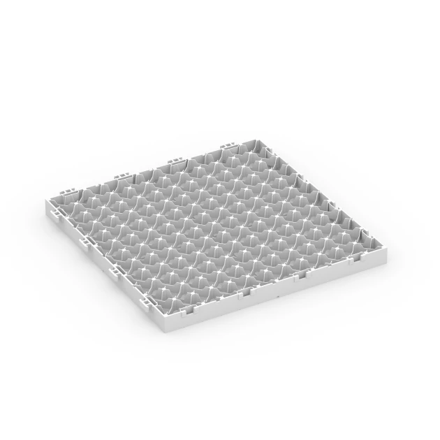 La vue du dessous ou de la face inférieure, c’est-à-dire la face inférieure de la pièce moulée WARCO 6353 - Mosaïque – Dalle clipsable au format 30 x 30 x 2 cm.