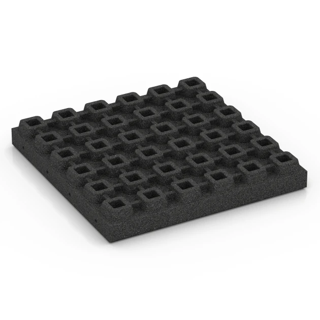 La vue du dessous ou de la face inférieure, c’est-à-dire la face inférieure de la pièce moulée WARCO 6295 - Dalles amortissantes au format 50 x 50 x 7 cm.