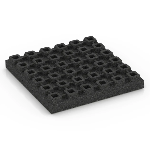 La vue du dessous ou de la face inférieure, c’est-à-dire la face inférieure de la pièce moulée WARCO 6440 - Dalle amortissante – 210 cm au format 50 x 50 x 7 cm.