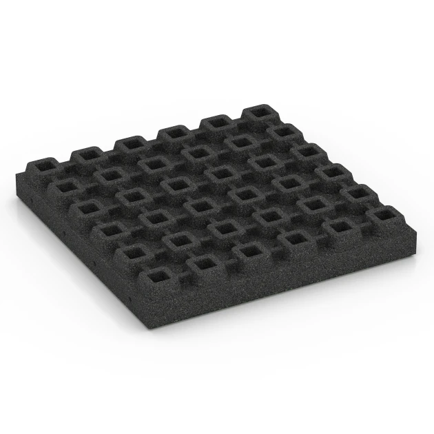 La vue du dessous ou de la face inférieure, c’est-à-dire la face inférieure de la pièce moulée WARCO 6442 - Dalle amortissante – 210 cm au format 50 x 50 x 7 cm.