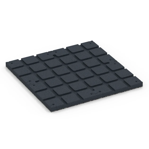 La vue du dessous ou de la face inférieure, c’est-à-dire la face inférieure de la pièce moulée WARCO 7132 - Revêtement sportif extérieur au format 60 x 60 x 3 cm | 0,36 m².