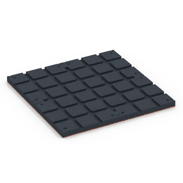 La vue du dessous ou de la face inférieure, c’est-à-dire la face inférieure de la pièce moulée WARCO 7136 - Revêtement sportif extérieur au format 60 x 60 x 3 cm | 0,36 m².