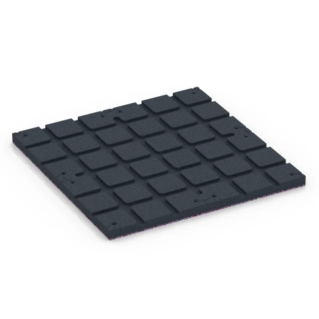 La vue du dessous ou de la face inférieure, c’est-à-dire la face inférieure de la pièce moulée WARCO 7137 - Revêtement sportif extérieur au format 60 x 60 x 3 cm | 0,36 m².