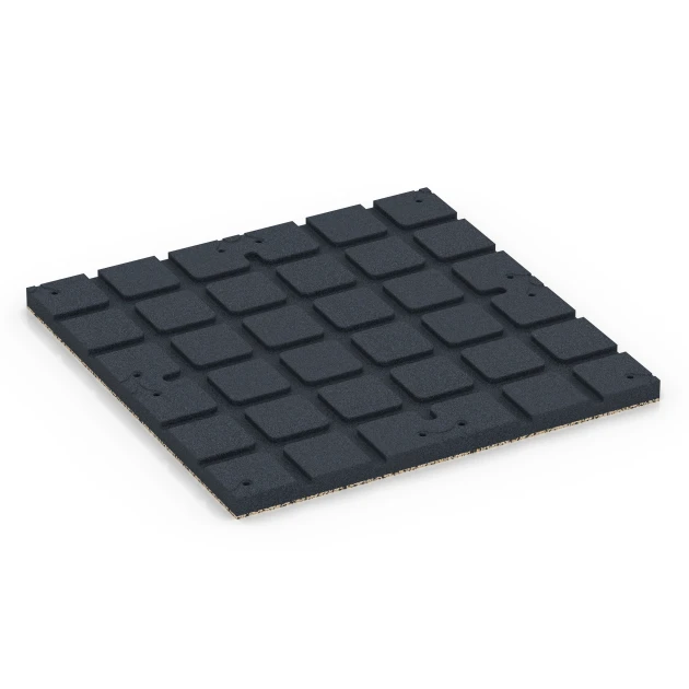 La vue du dessous ou de la face inférieure, c’est-à-dire la face inférieure de la pièce moulée WARCO 7138 - Revêtement sportif extérieur au format 60 x 60 x 3 cm | 0,36 m².