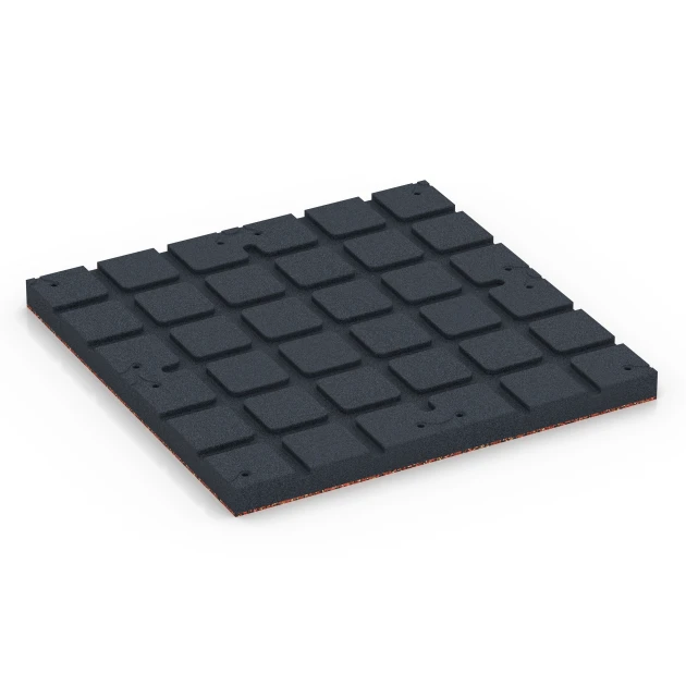 La vue du dessous ou de la face inférieure, c’est-à-dire la face inférieure de la pièce moulée WARCO 7145 - Revêtement sportif extérieur au format 60 x 60 x 4 cm | 0,36 m².