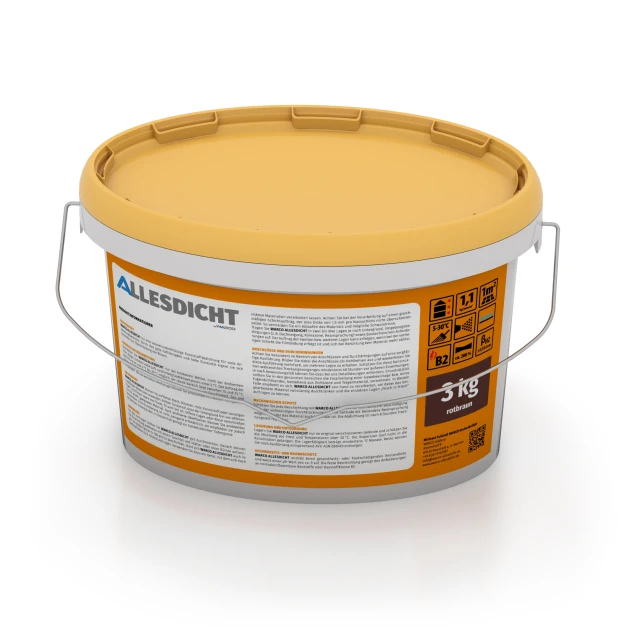 La photo de la face arrière asymétrique d’un produit WARCO 0034: ALLESDICHT – Étanchéité, en couleur brun-rouge, dans les dimensions 3 kg | 0,9 m².