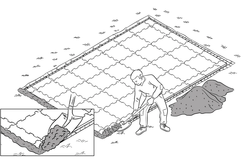 Le croquis montrant comment  remplir les bords de terre afin d'obtenir une transition homogène entre la terrasse avec les dalles WARCO et la pelouse.